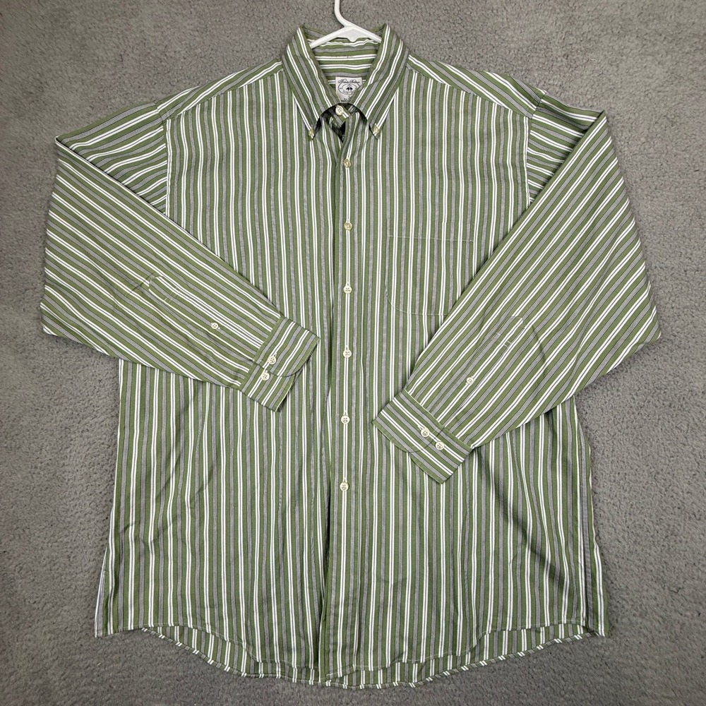 Brooks Brothers Sport Shirt Mens L Green White Striped Button‎ Down Cotton